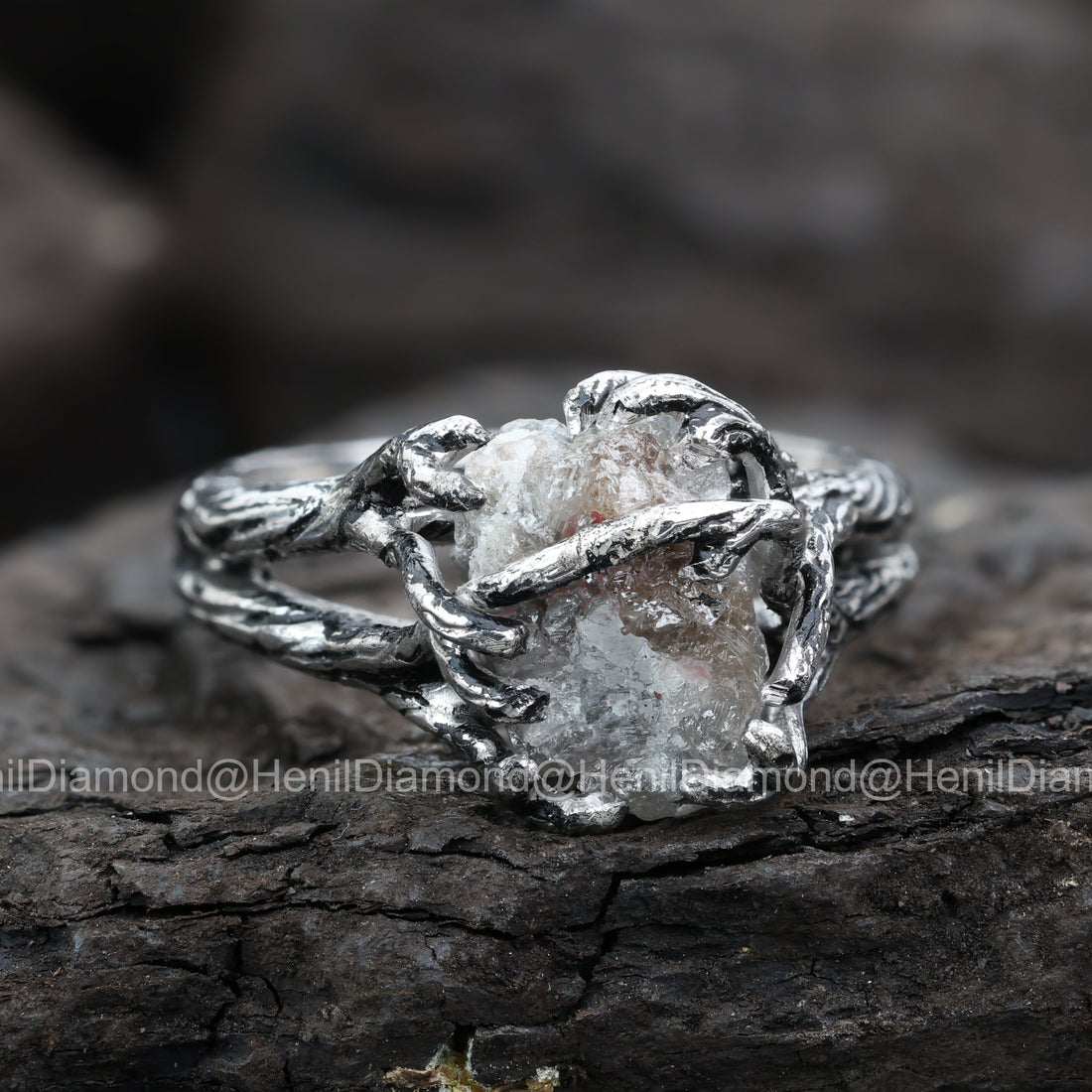 Raw Diamond Ring, 5.60 Ct Natural Black Rough Diamond 14k Gold Engagement Ring, Unique Gift for Her