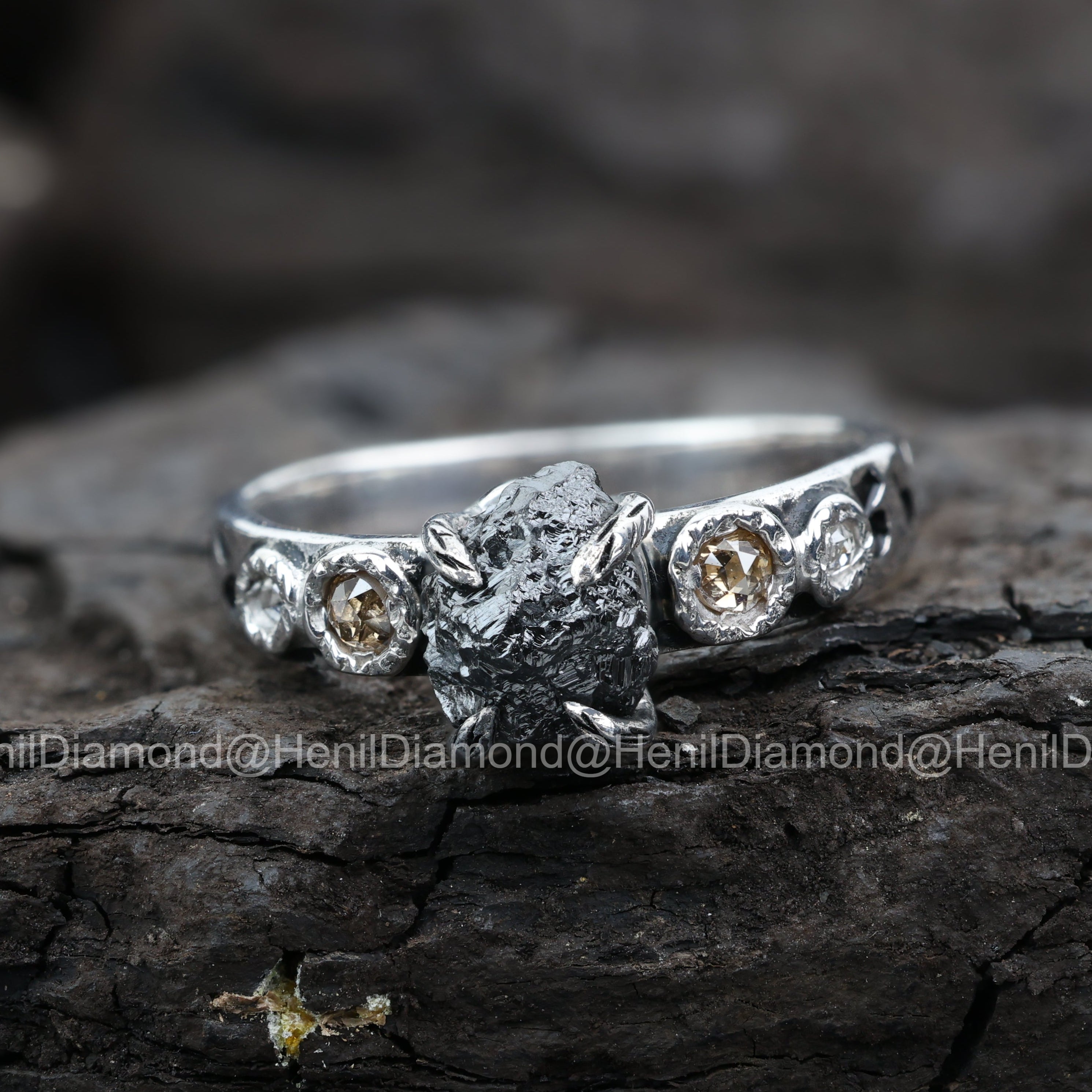 Raw Diamond Ring, 3.75 Ct Natural Black Rough Diamond 14k Gold Engagement Ring, Unique Gift for Her