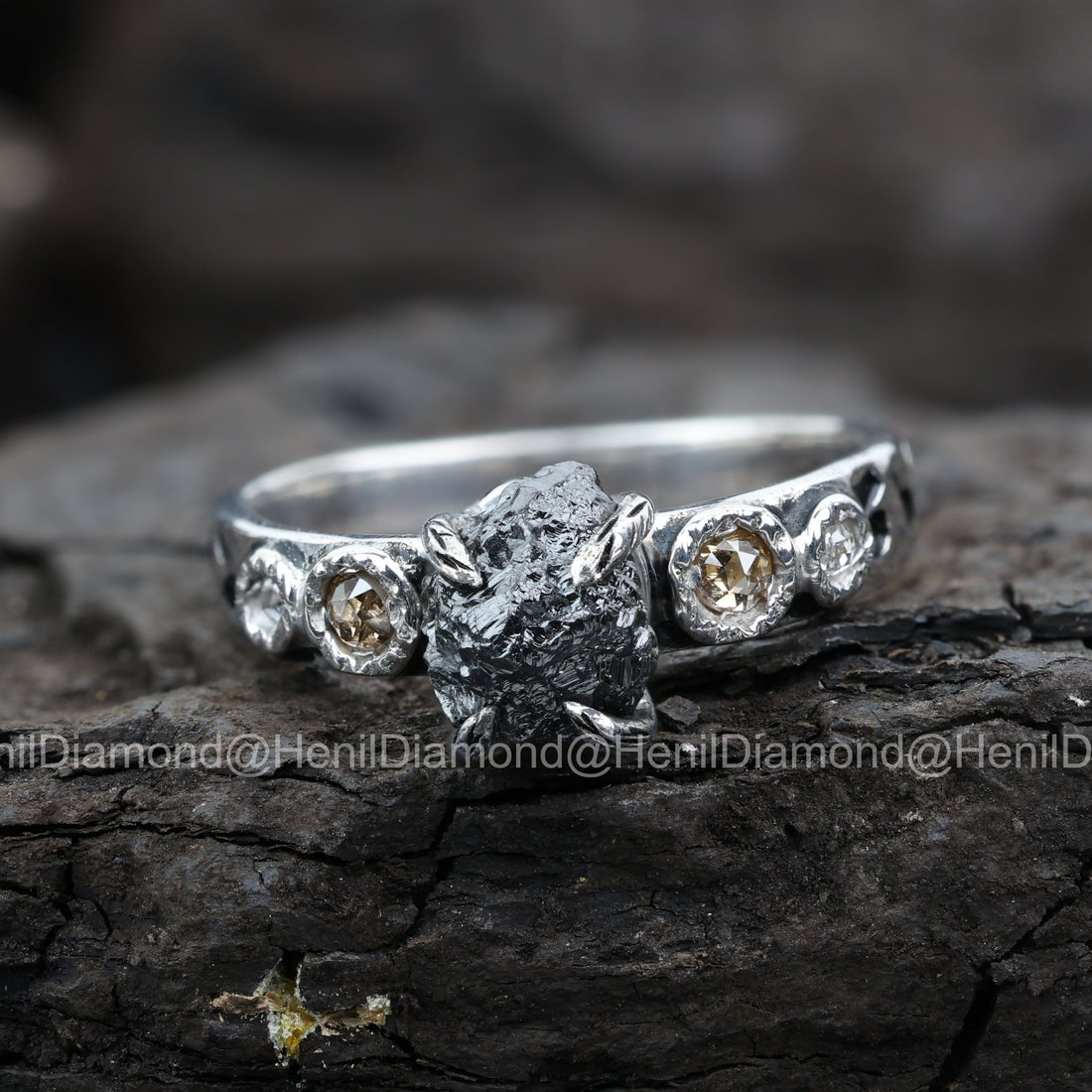 Raw Diamond Ring, 3.75 Ct Natural Black Rough Diamond 14k Gold Engagement Ring, Unique Gift for Her