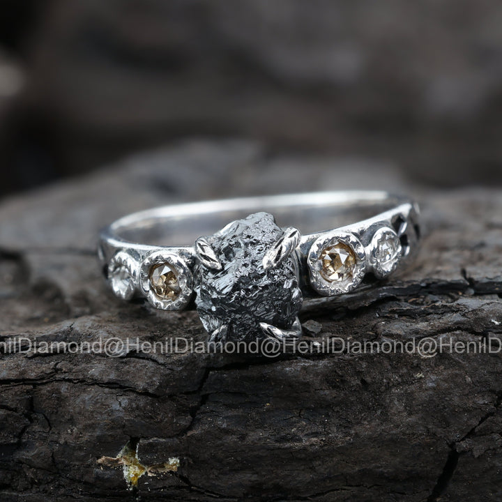 Raw Diamond Ring, 3.75 Ct Natural Black Rough Diamond 14k Gold Engagement Ring, Unique Gift for Her