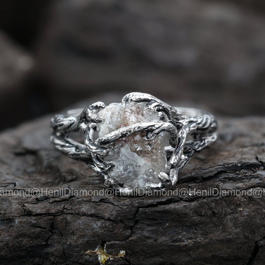 Raw Diamond Ring, 5.60 Ct Natural Black Rough Diamond 14k Gold Engagement Ring, Unique Gift for Her