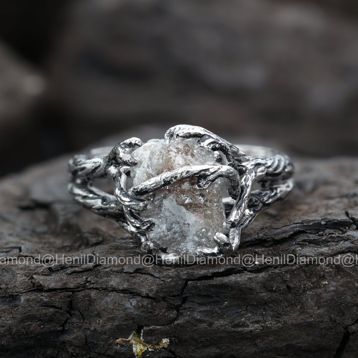 Raw Diamond Ring, 5.60 Ct Natural Black Rough Diamond 14k Gold Engagement Ring, Unique Gift for Her