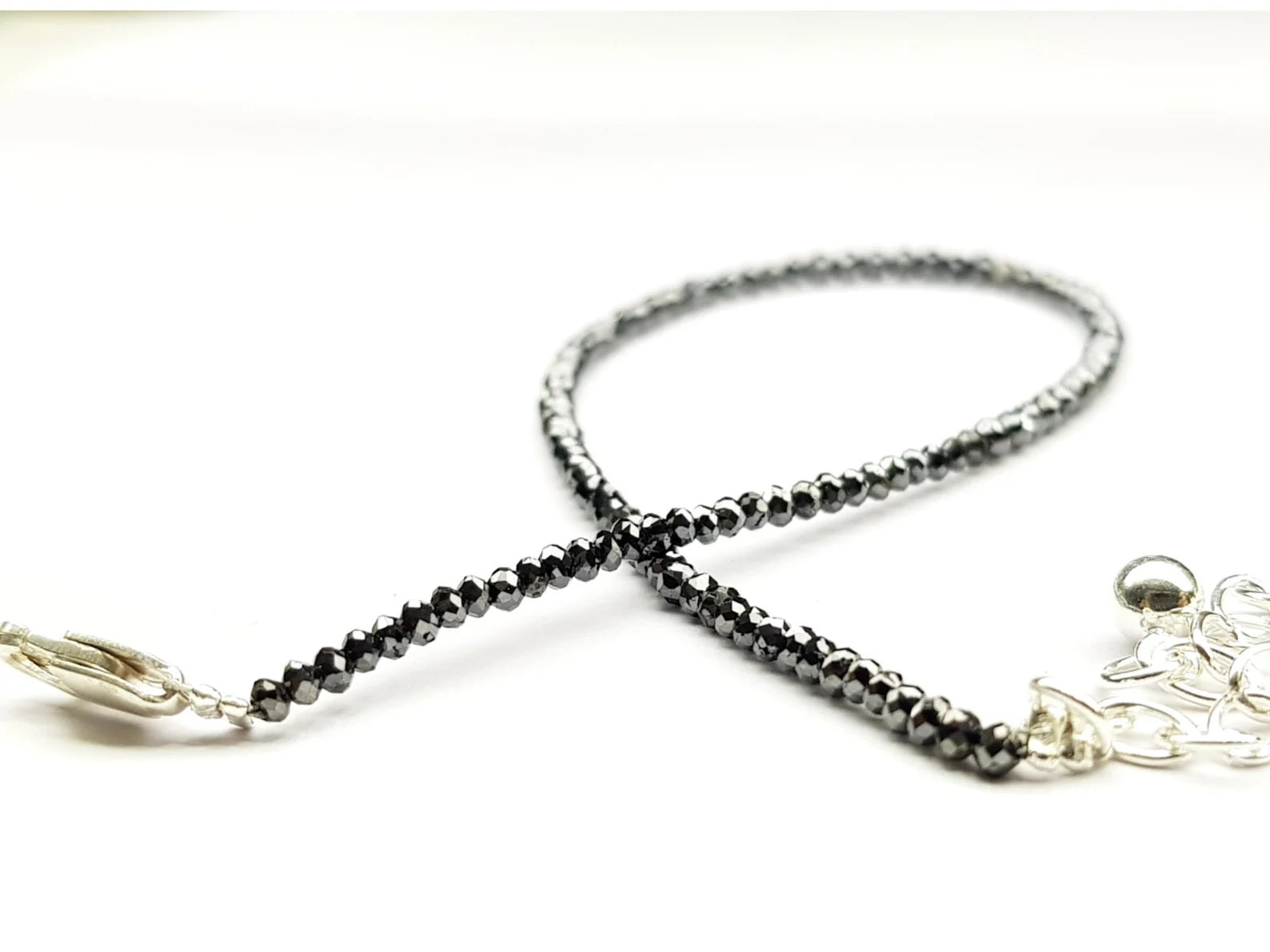 7.00 Ct Natural Black Round Loose Diamond Beads 6.50" Bracelet wt Silver Clasp