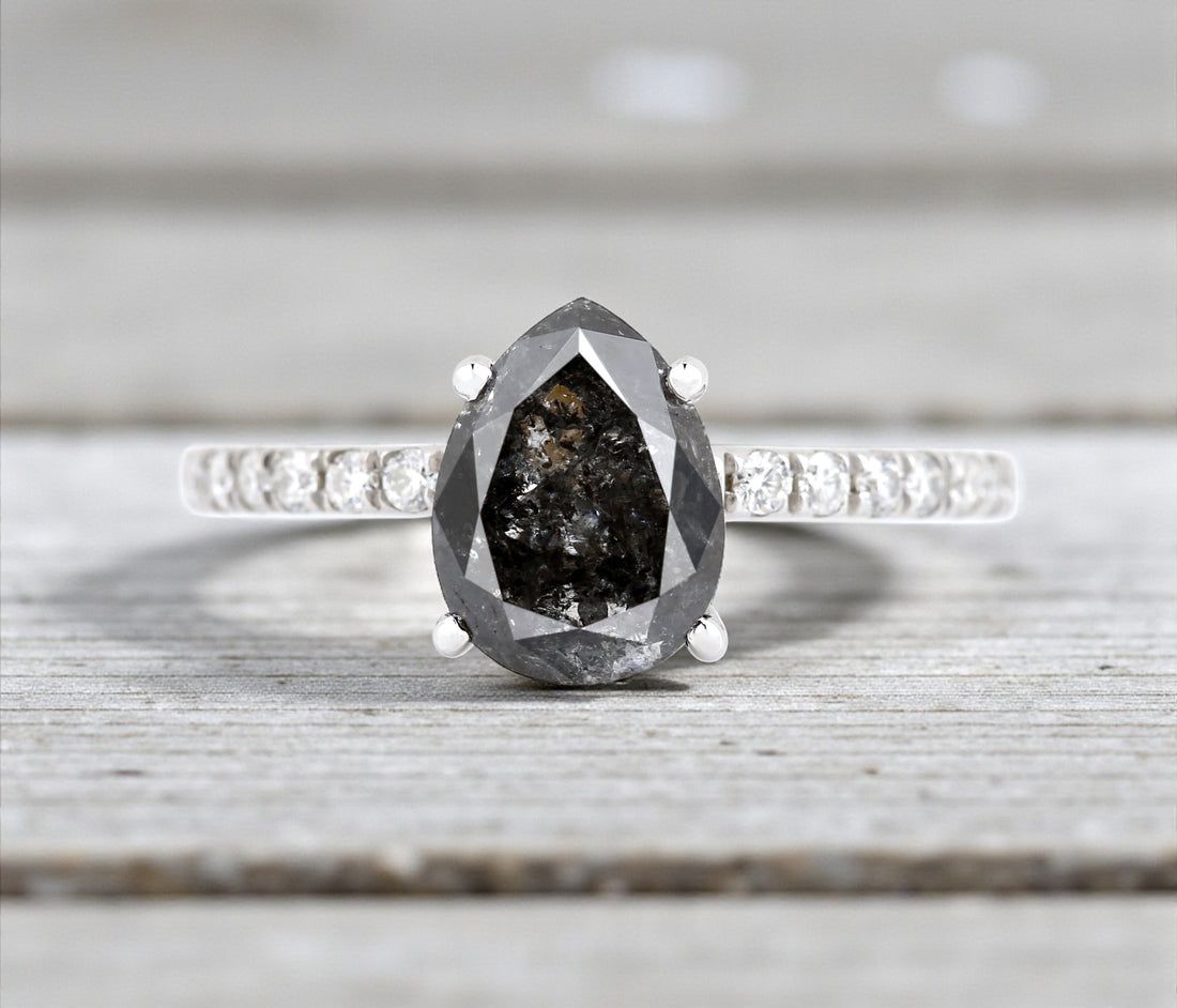 Salt and Pepper Diamond Ring, 14K Gold Engagement Ring, Natural Gray Pear Diamond Ring, Unique Gift for Her