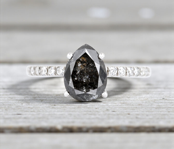 Salt and Pepper Diamond Ring, 14K Gold Engagement Ring, Natural Gray Pear Diamond Ring, Unique Gift for Her