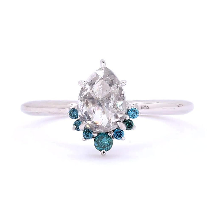 Salt and Pepper Diamond Ring, 14K Gold Engagement Ring, Natural Pear Gray Blue Diamond Wedding Ring