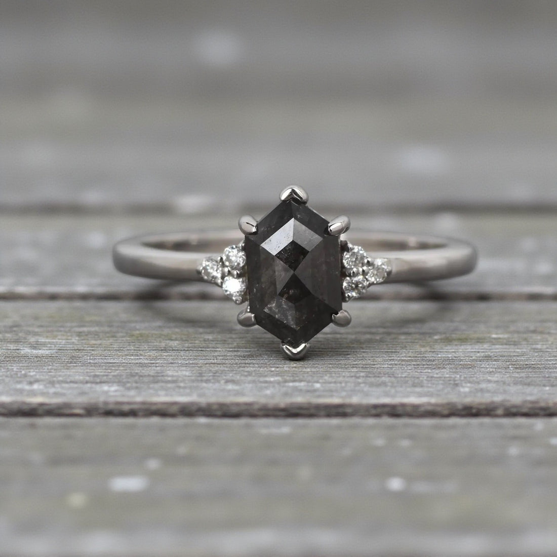 Salt and Pepper Diamond Ring, 14K Gold Engagement Ring, Natural Gray Hexagon Diamond Ring, Gift for Women
