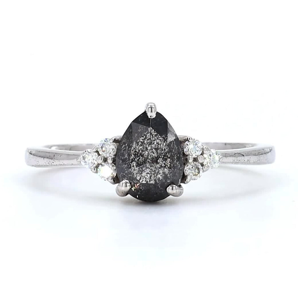 Salt and Pepper Diamond Ring, 14K Gold Engagement Ring, Natural Pear Gray Diamond Wedding Ring