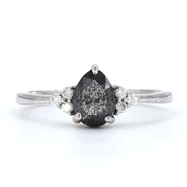 Salt and Pepper Diamond Ring, 14K Gold Engagement Ring, Natural Pear Gray Diamond Wedding Ring