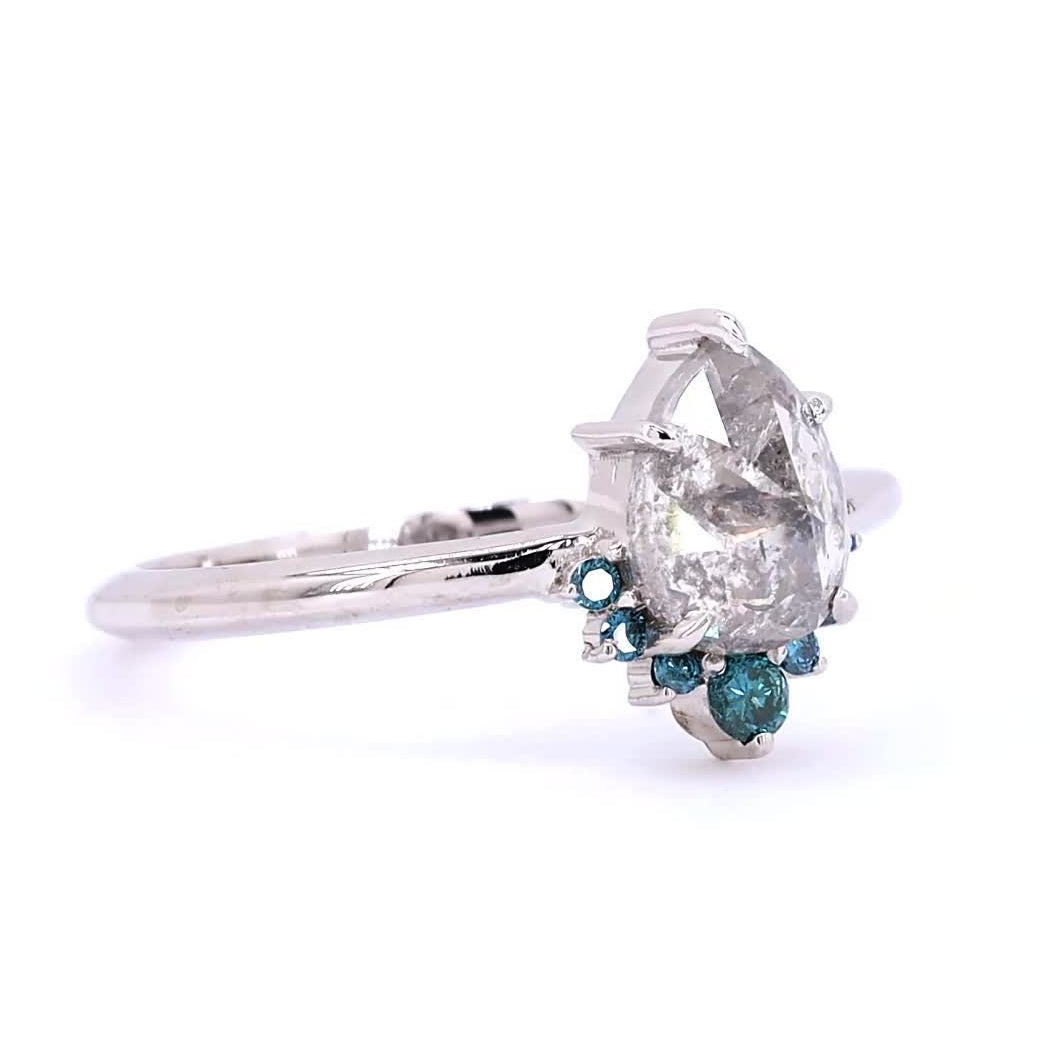 Salt and Pepper Diamond Ring, 14K Gold Engagement Ring, Natural Pear Gray Blue Diamond Wedding Ring