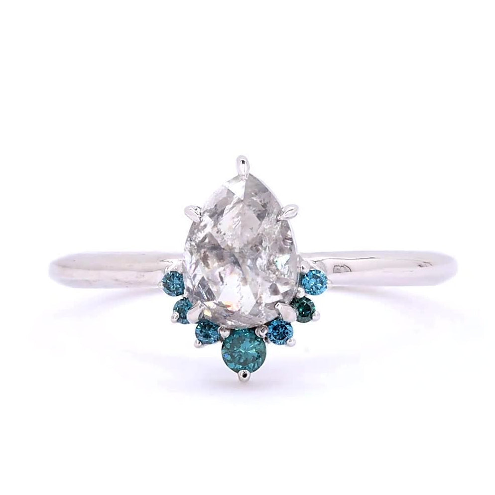 Salt and Pepper Diamond Ring, 14K Gold Engagement Ring, Natural Pear Gray Blue Diamond Wedding Ring