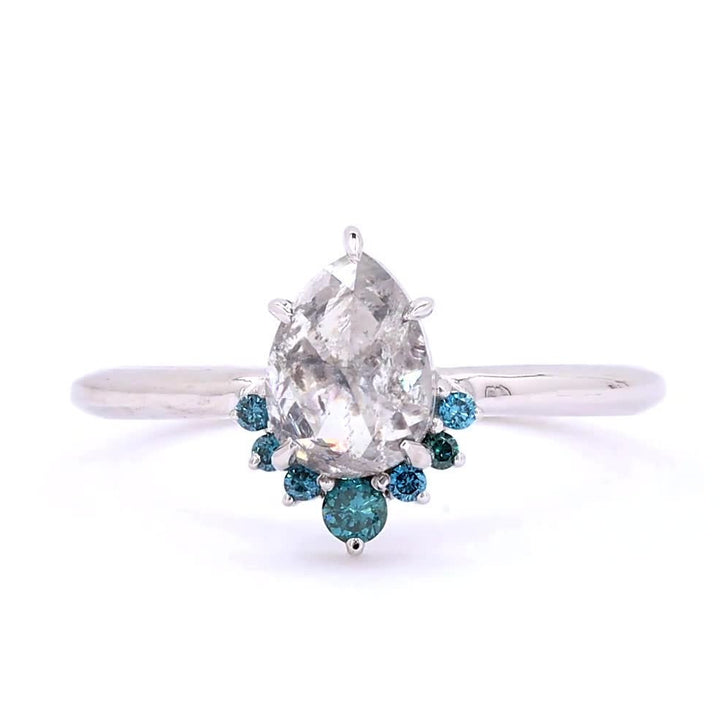 Salt and Pepper Diamond Ring, 14K Gold Engagement Ring, Natural Pear Gray Blue Diamond Wedding Ring