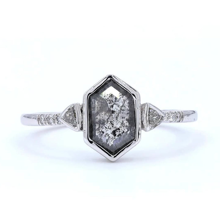Salt and Pepper Diamond Ring, 14K Gold Engagement Ring, Natural Hexagon Gray Diamond Wedding Ring
