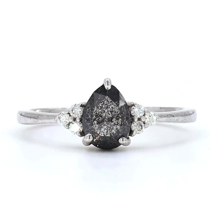 Salt and Pepper Diamond Ring, 14K Gold Engagement Ring, Natural Pear Gray Diamond Wedding Ring