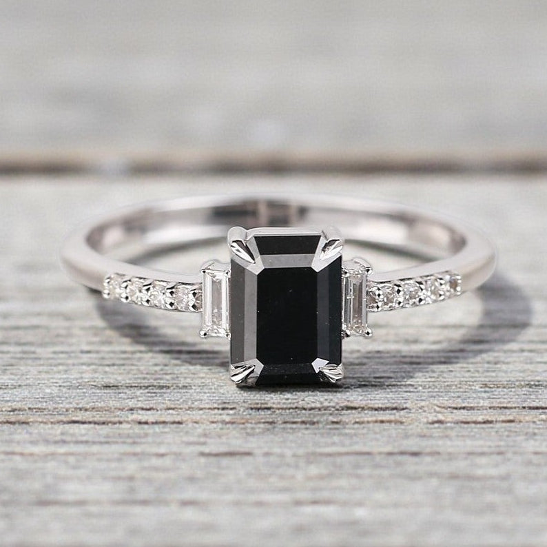 Emerald Diamond Ring, 14K Gold Anniversary Ring, Natural Black Diamond Engagement Ring, Gift for Her