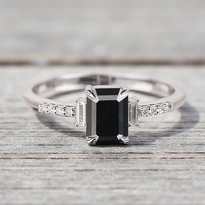Emerald Diamond Ring, 14K Gold Anniversary Ring, Natural Black Diamond Engagement Ring, Gift for Her