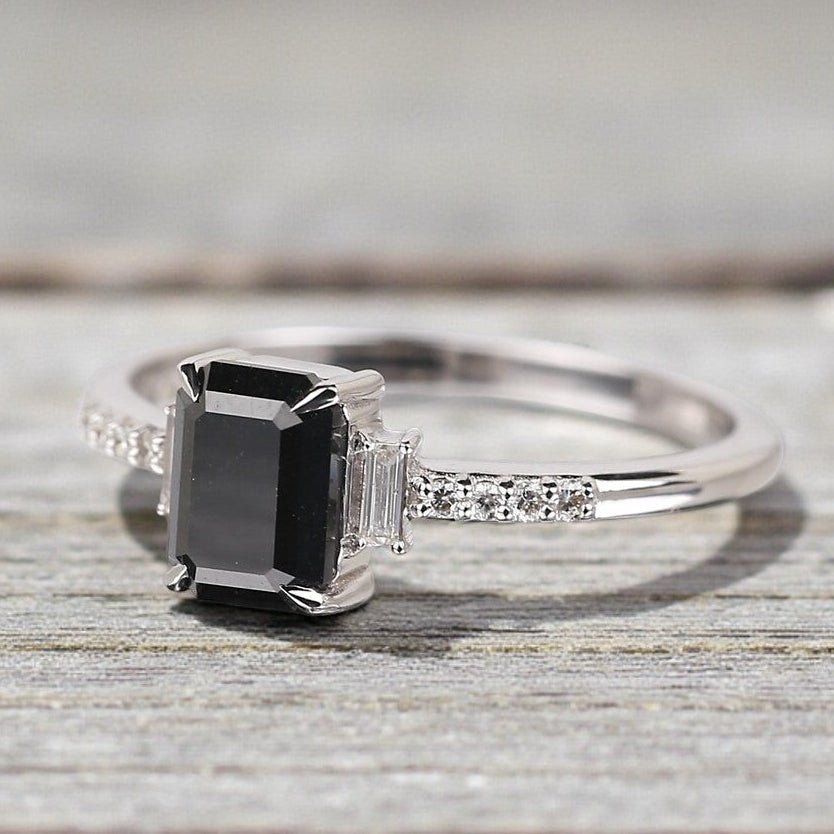 Emerald Diamond Ring, 14K Gold Anniversary Ring, Natural Black Diamond Engagement Ring, Gift for Her