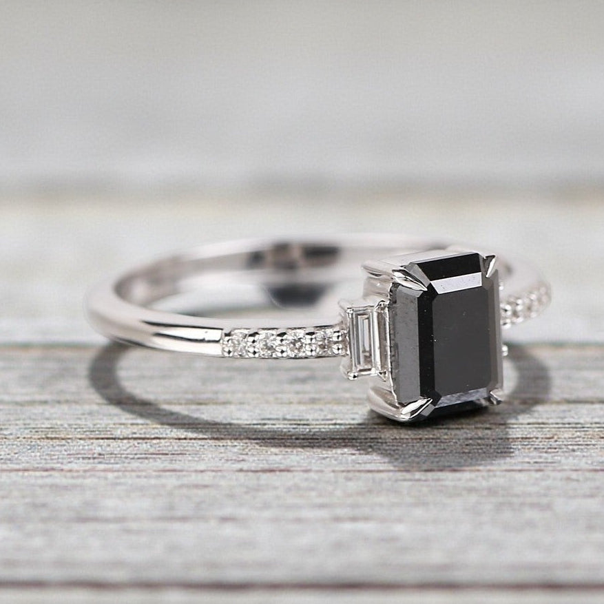 Emerald Diamond Ring, 14K Gold Anniversary Ring, Natural Black Diamond Engagement Ring, Gift for Her