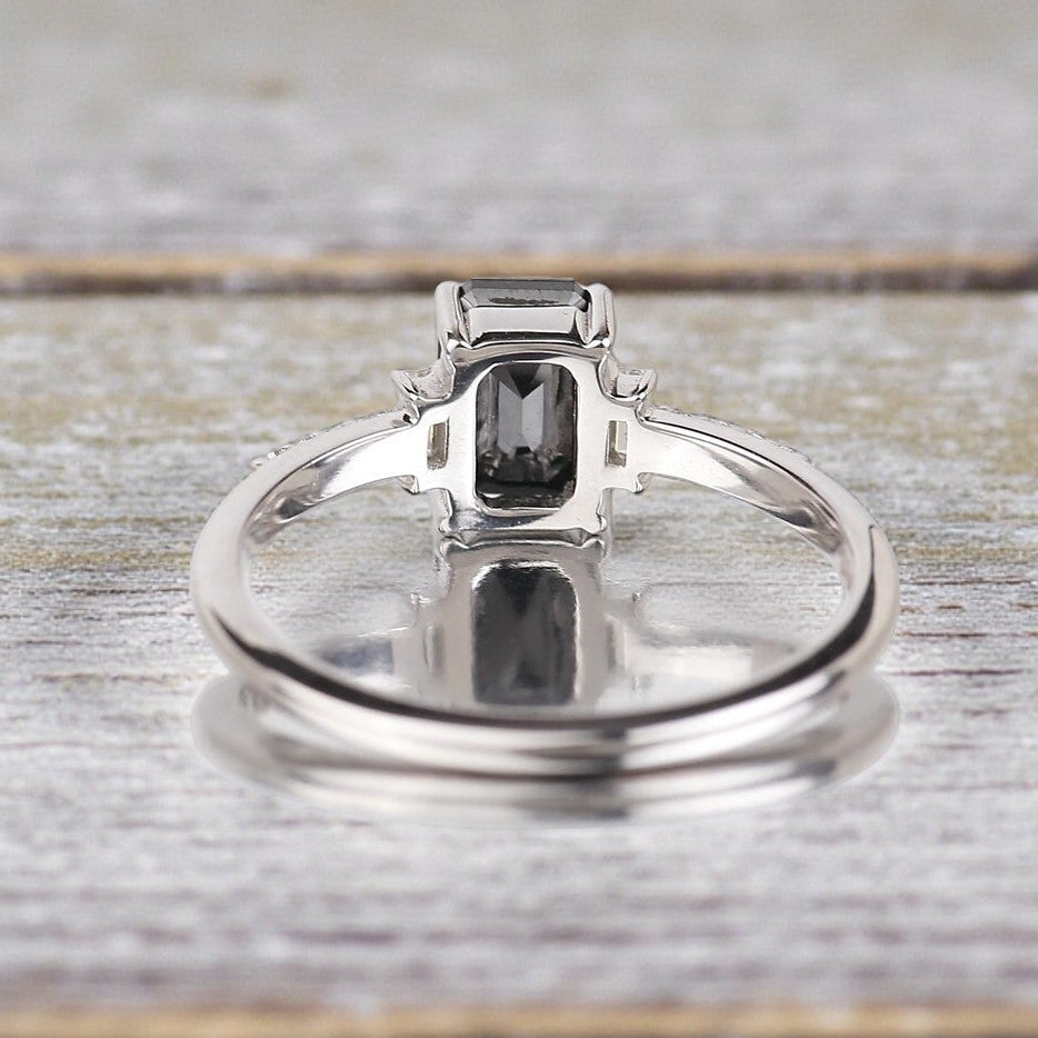 Emerald Diamond Ring, 14K Gold Anniversary Ring, Natural Black Diamond Engagement Ring, Gift for Her