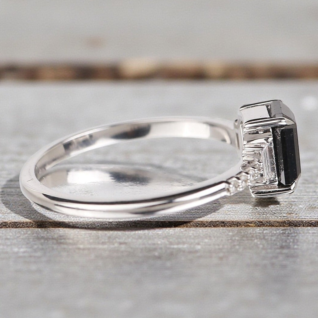 Emerald Diamond Ring, 14K Gold Anniversary Ring, Natural Black Diamond Engagement Ring, Gift for Her