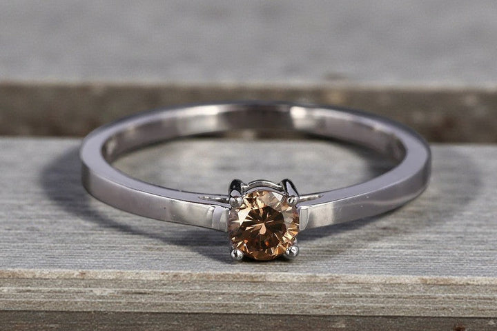 Round Diamond Ring 14K Gold Engagement Ring, Natural Brown Diamond Ring, Gift for Women