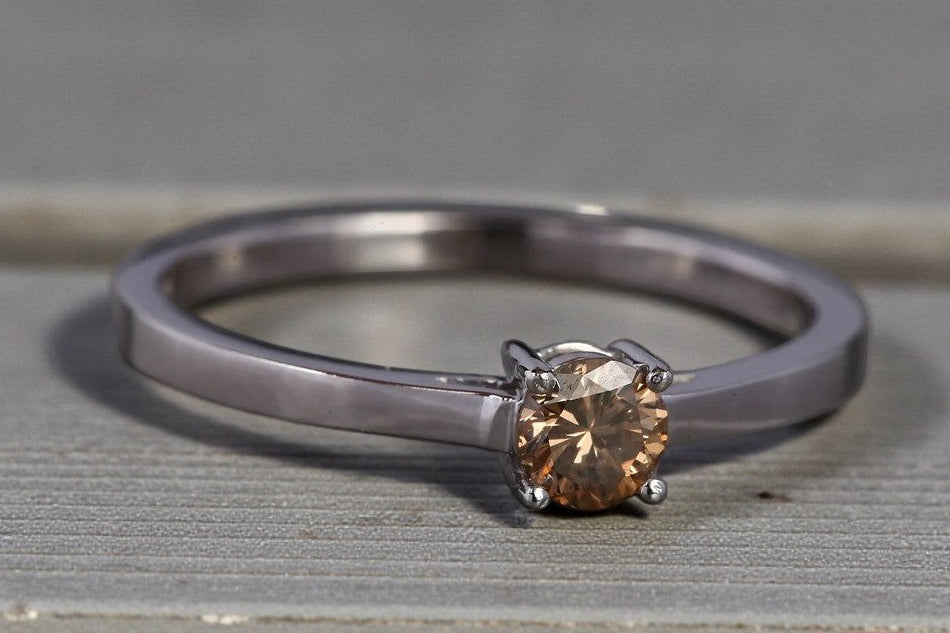 Round Diamond Ring 14K Gold Engagement Ring, Natural Brown Diamond Ring, Gift for Women