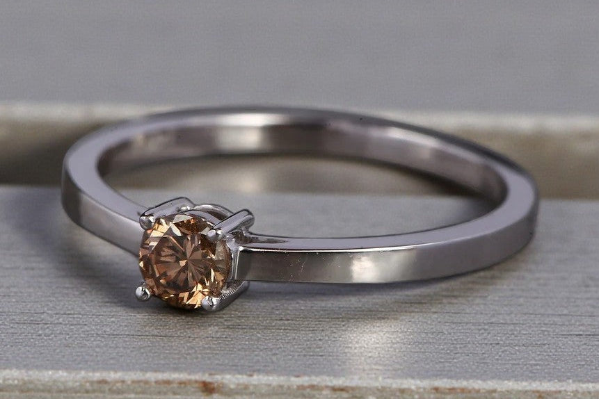 Round Diamond Ring 14K Gold Engagement Ring, Natural Brown Diamond Ring, Gift for Women