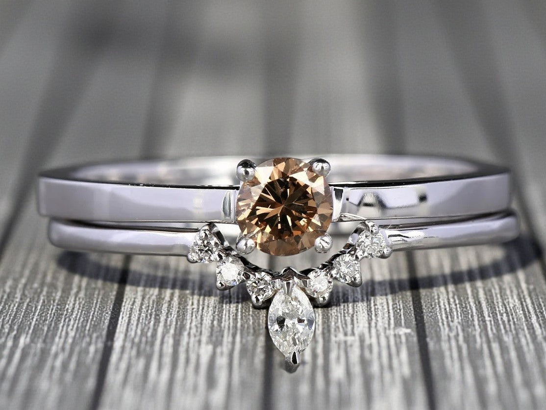 Round Diamond Ring 14K Gold Engagement Ring, Natural Brown Diamond Ring, Gift for Women