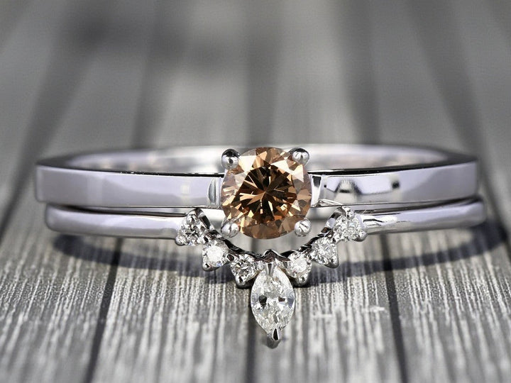 Round Diamond Ring 14K Gold Engagement Ring, Natural Brown Diamond Ring, Gift for Women
