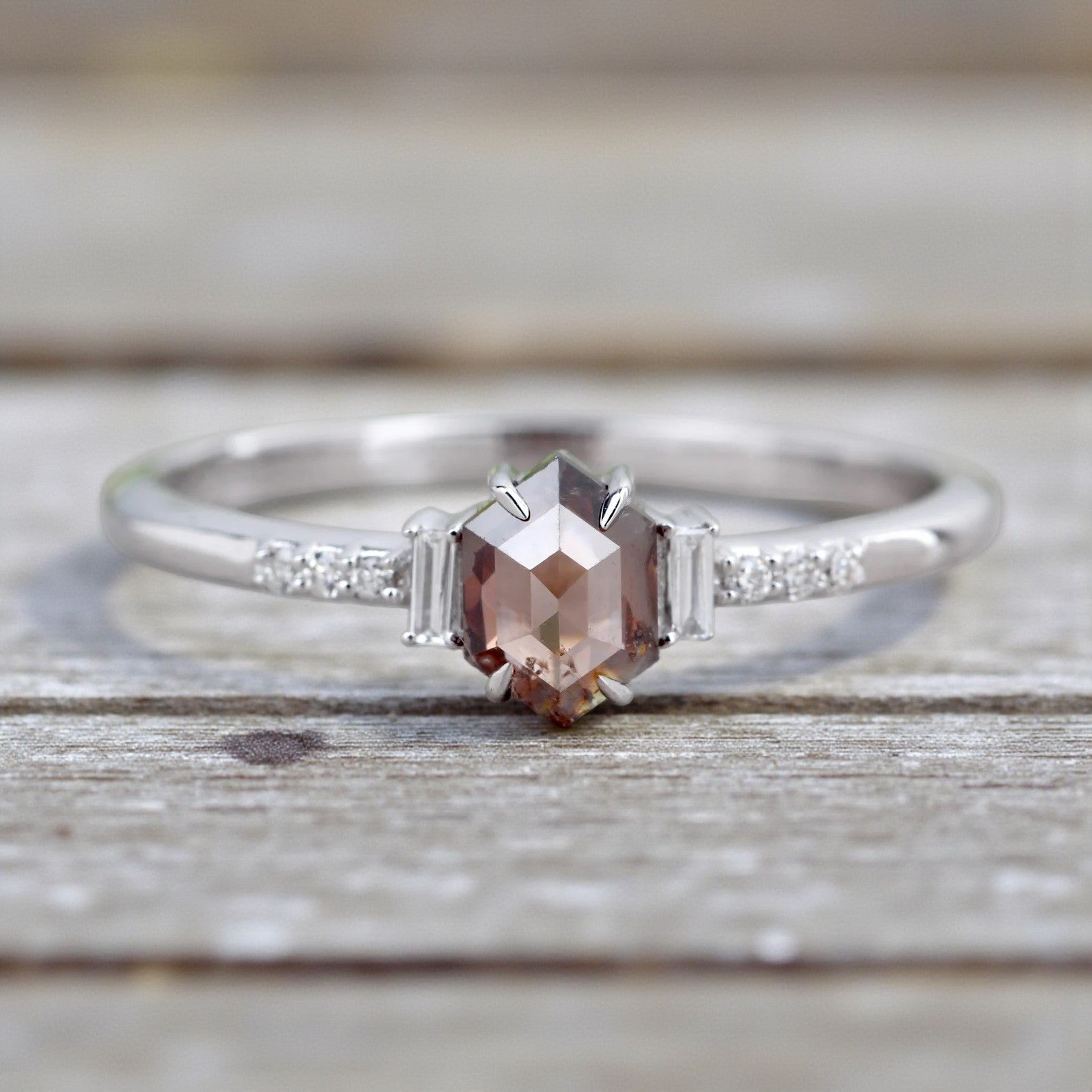 Salt and Pepper Diamond Ring, 14K Gold Engagement Ring, Natural Brown Hexagon Diamond Ring, Gift for Her