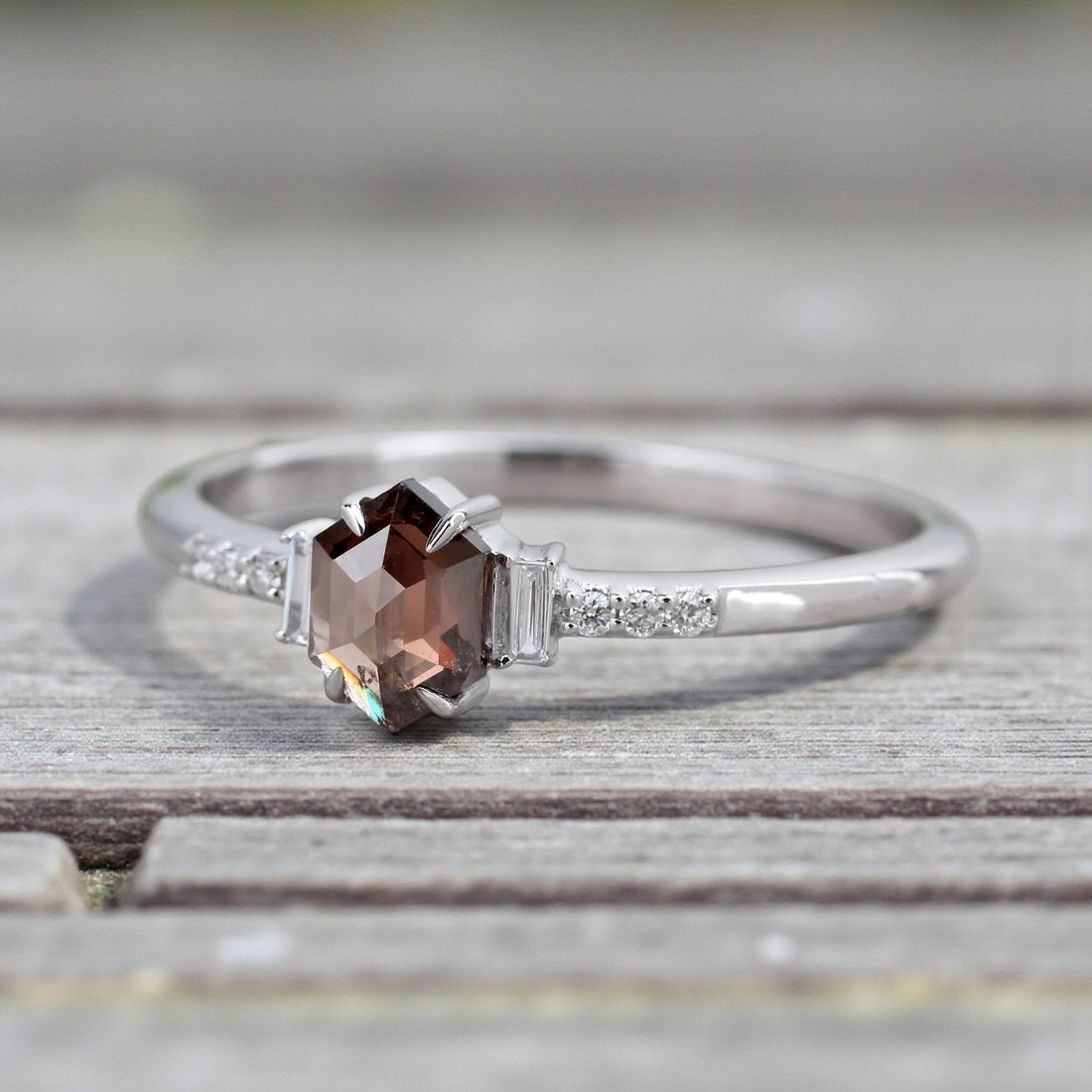 Salt and Pepper Diamond Ring, 14K Gold Engagement Ring, Natural Brown Hexagon Diamond Ring, Gift for Her
