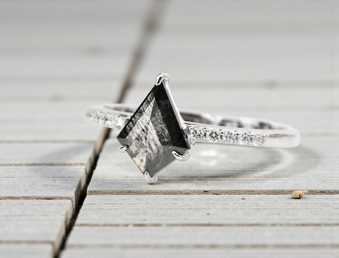 Kite Salt and Pepper Diamond Ring, 14K Gold Engagement Ring, Natural Gray Diamond Ring, Gift for Her
