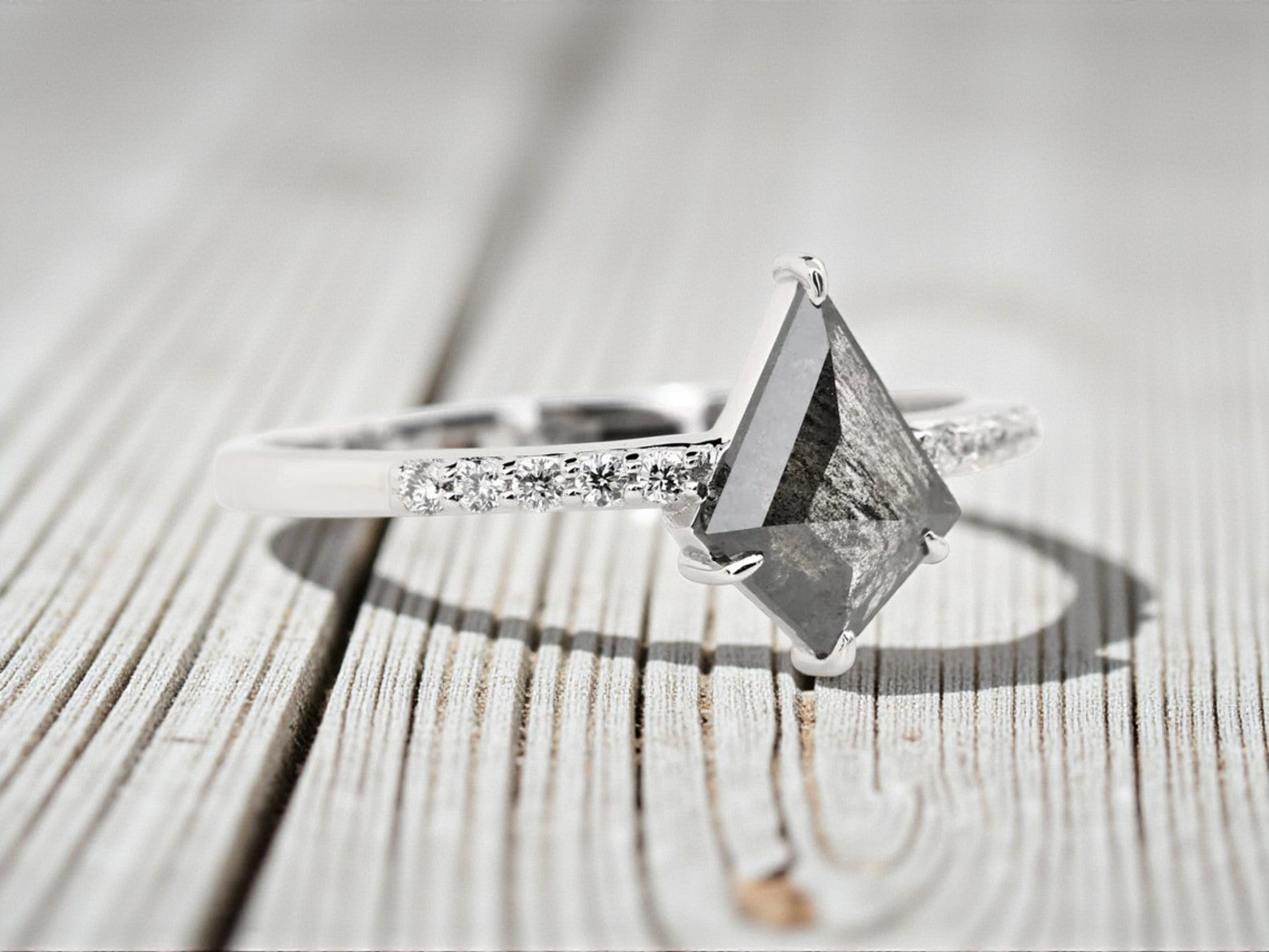 Kite Salt and Pepper Diamond Ring, 14K Gold Engagement Ring, Natural Gray Diamond Ring, Gift for Her