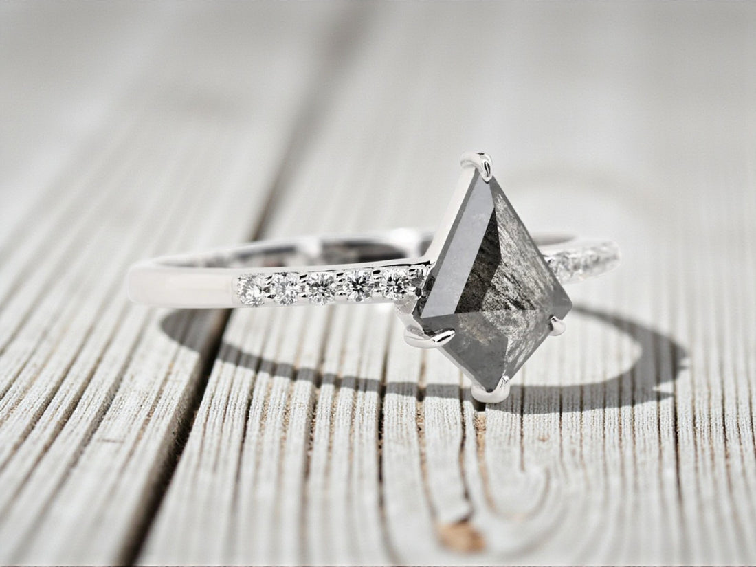 Kite Salt and Pepper Diamond Ring, 14K Gold Engagement Ring, Natural Gray Diamond Ring, Gift for Her