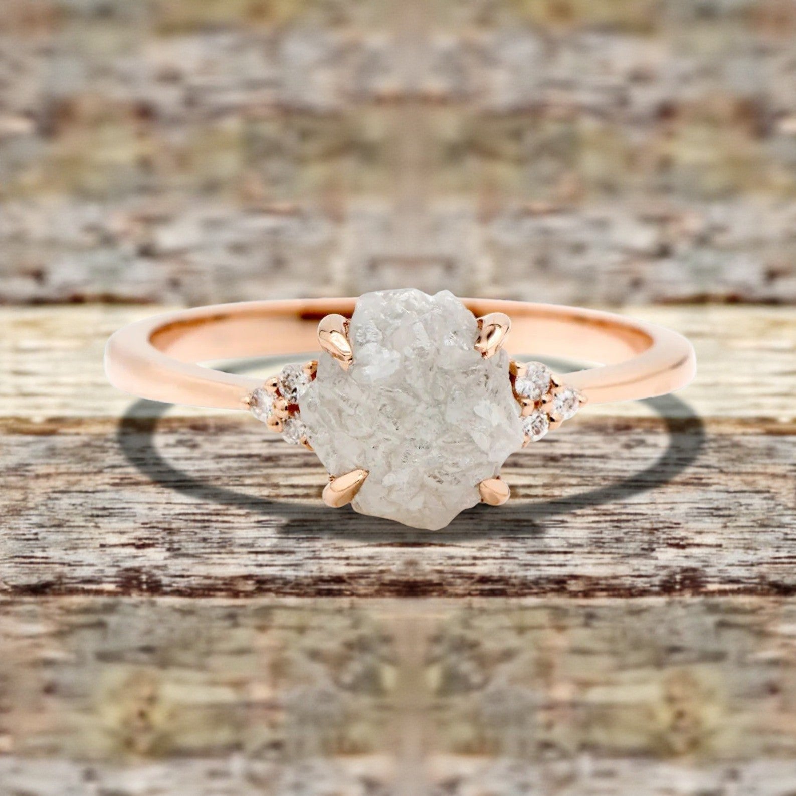 Raw Diamond Ring, 14K Gold Engagement Ring, Natural White Rough Diamond Ring, Gift for Her