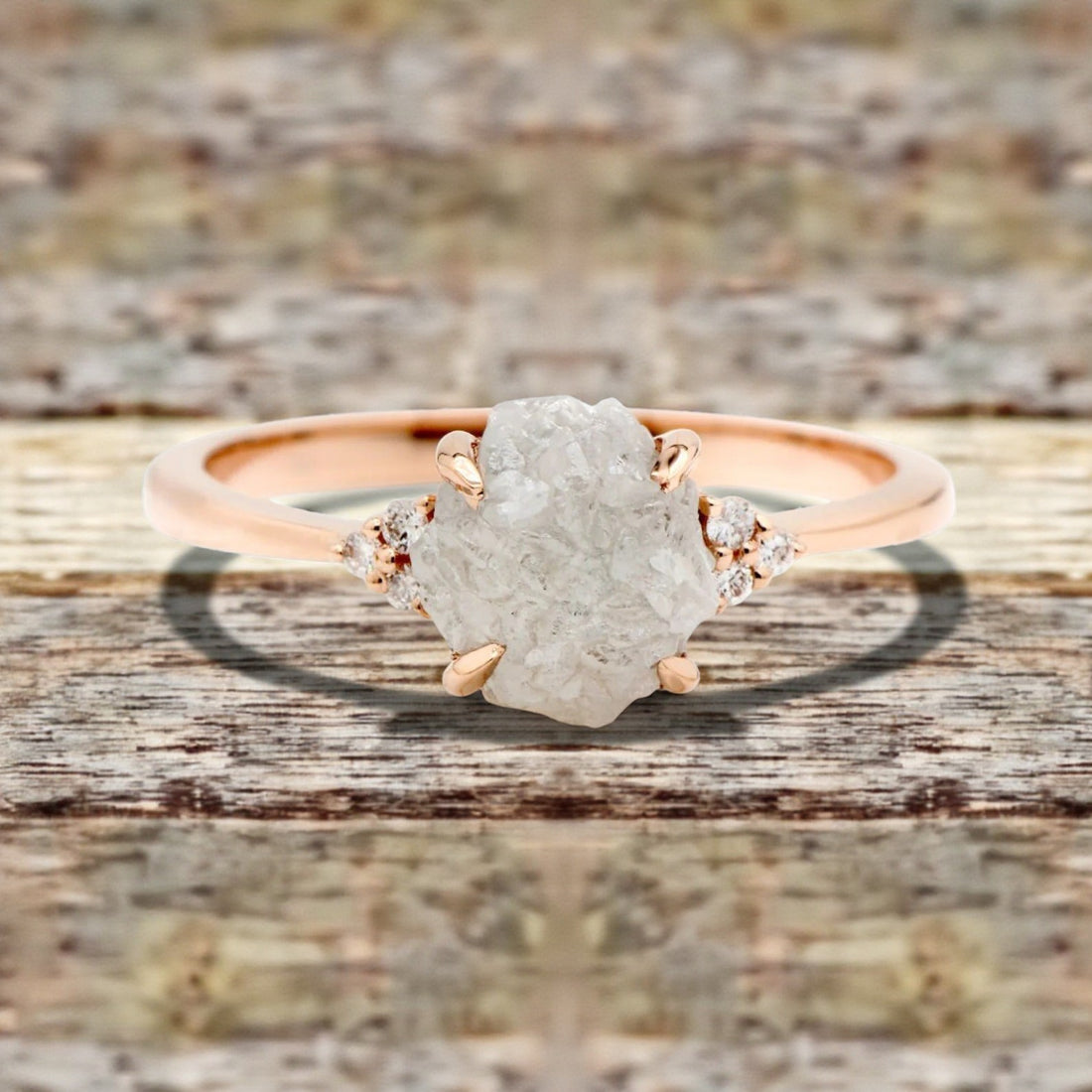 Raw Diamond Ring, 14K Gold Engagement Ring, Natural White Rough Diamond Ring, Gift for Her
