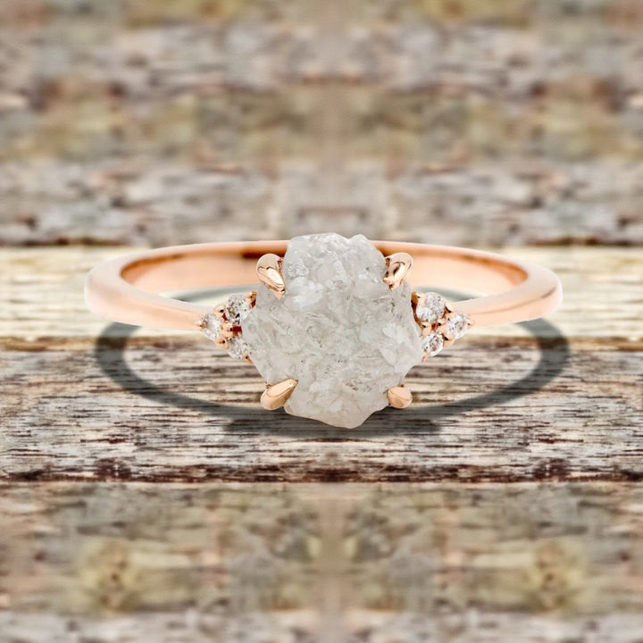 Raw Diamond Ring, 14K Gold Engagement Ring, Natural White Rough Diamond Ring, Gift for Her