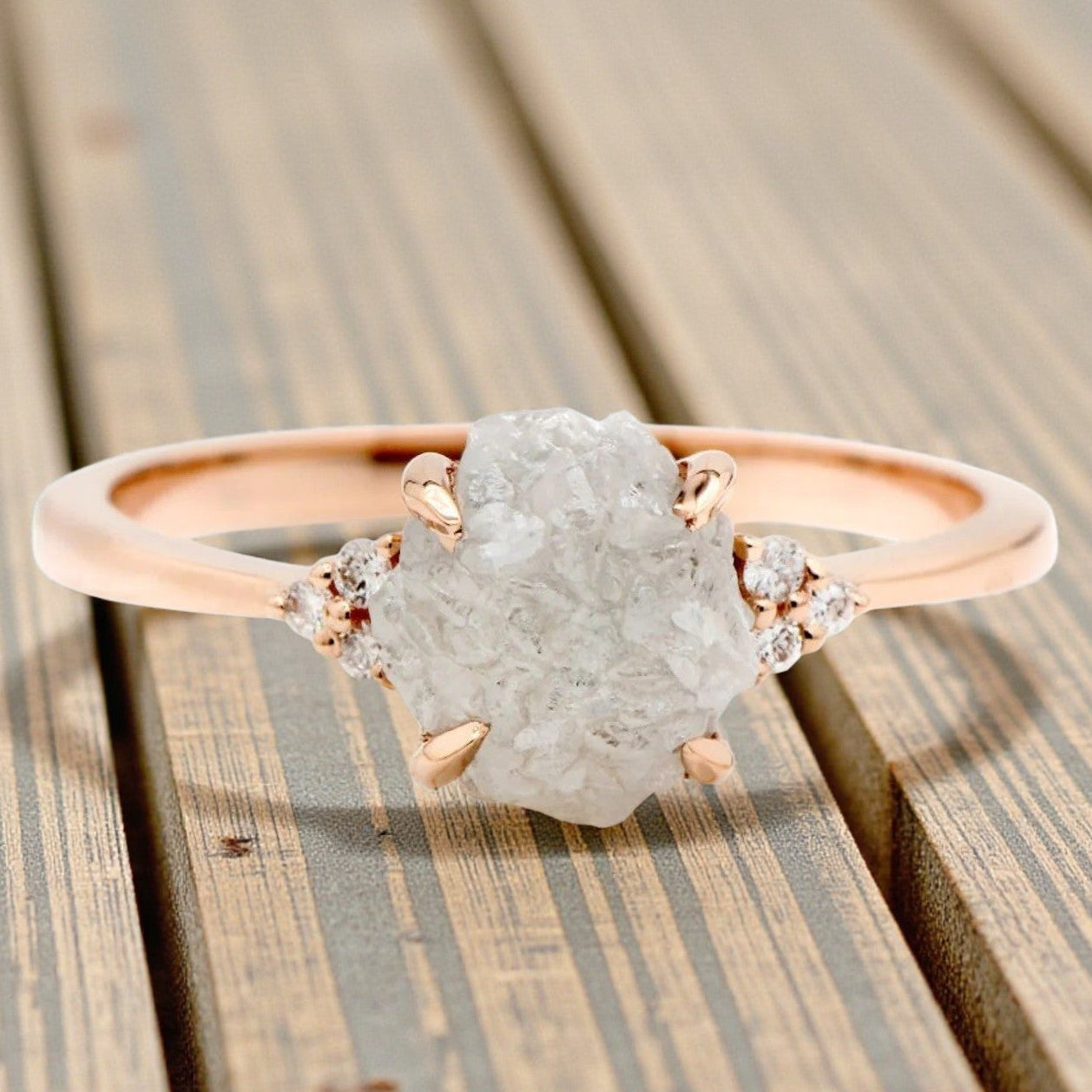 Raw Diamond Ring, 14K Gold Engagement Ring, Natural White Rough Diamond Ring, Gift for Her