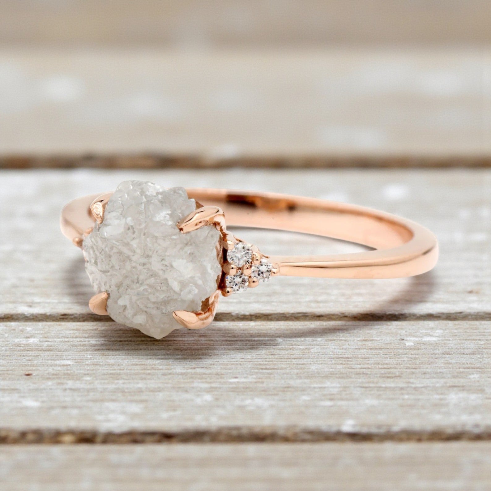 Raw Diamond Ring, 14K Gold Engagement Ring, Natural White Rough Diamond Ring, Gift for Her