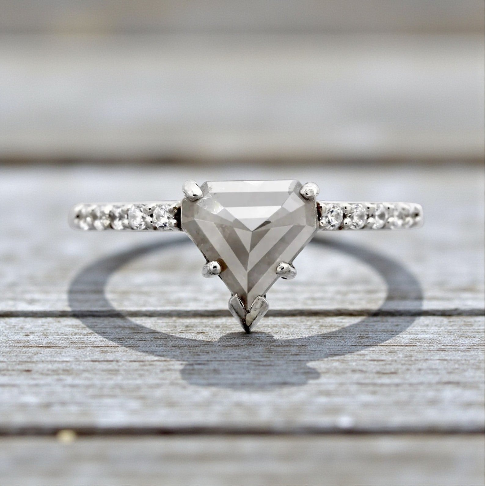 Salt and Pepper Diamond Ring, 14K Gold Engagement Ring, Natural Trillion Gray Diamond Ring, Gift for Her