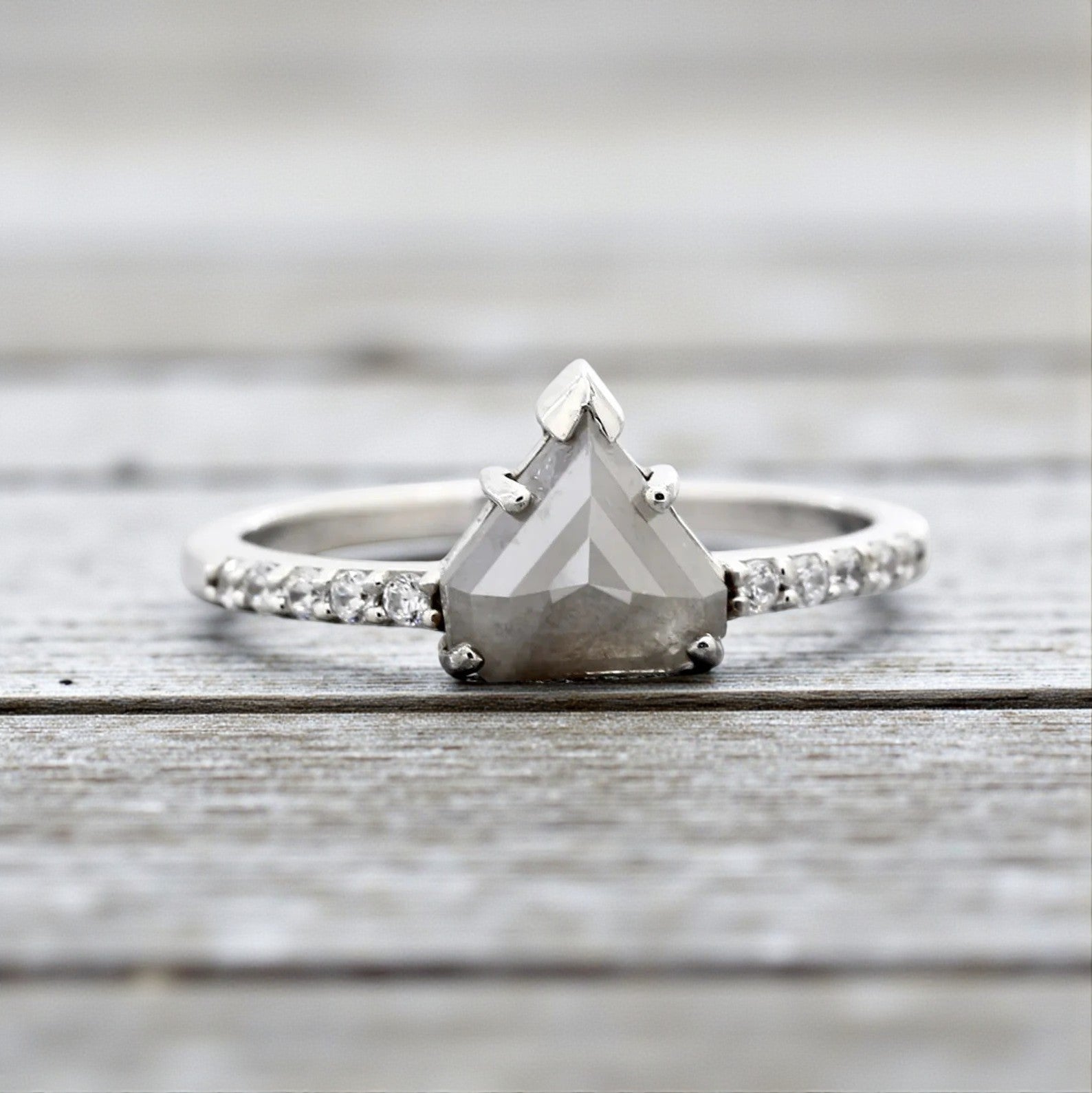 Salt and Pepper Diamond Ring, 14K Gold Engagement Ring, Natural Trillion Gray Diamond Ring, Gift for Her