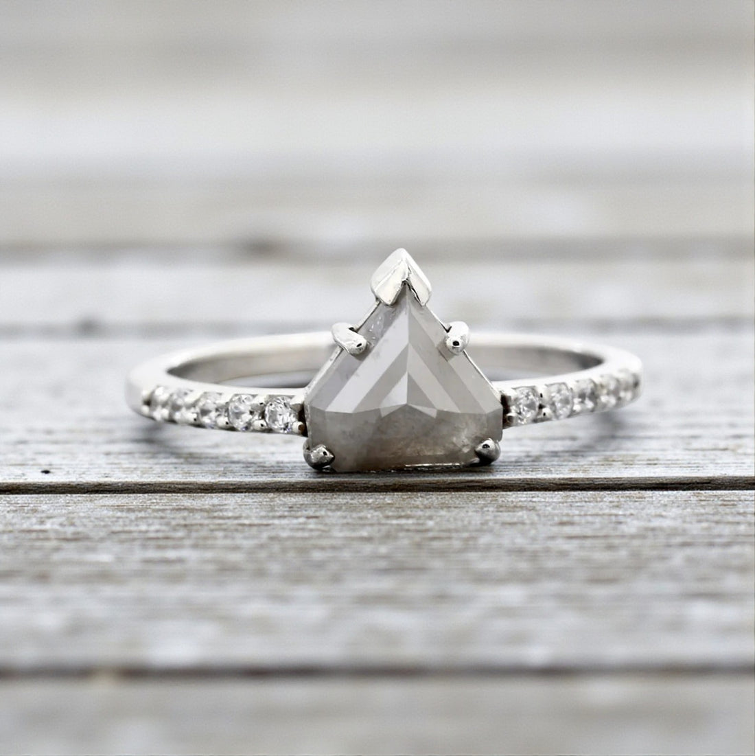 Salt and Pepper Diamond Ring, 14K Gold Engagement Ring, Natural Trillion Gray Diamond Ring, Gift for Her