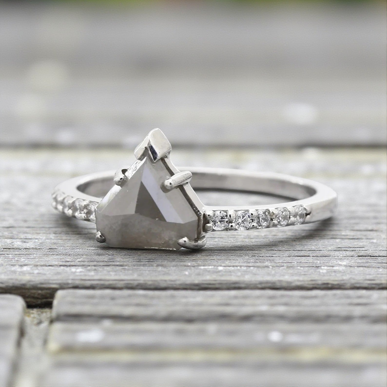 Salt and Pepper Diamond Ring, 14K Gold Engagement Ring, Natural Trillion Gray Diamond Ring, Gift for Her