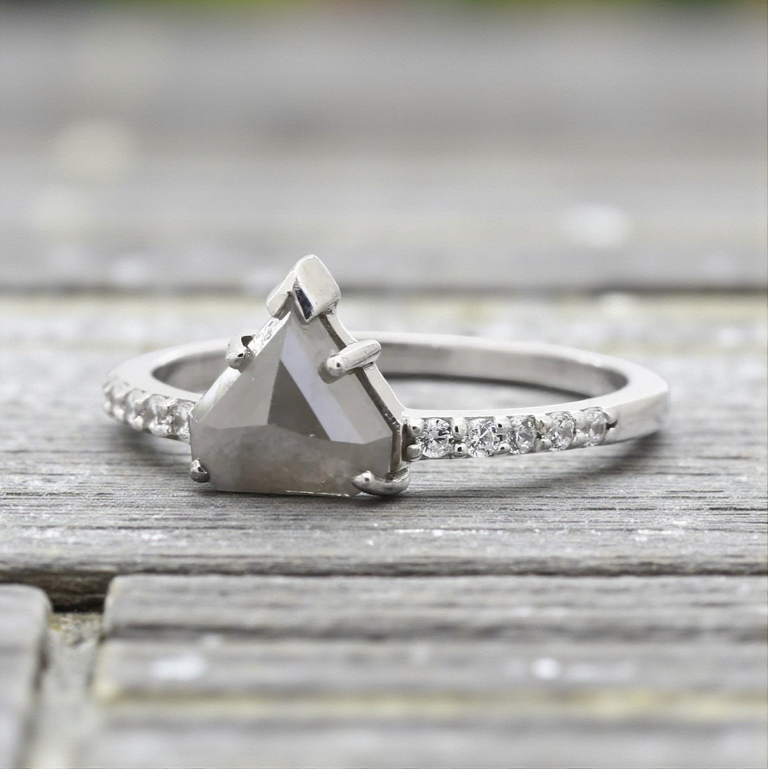 Salt and Pepper Diamond Ring, 14K Gold Engagement Ring, Natural Trillion Gray Diamond Ring, Gift for Her