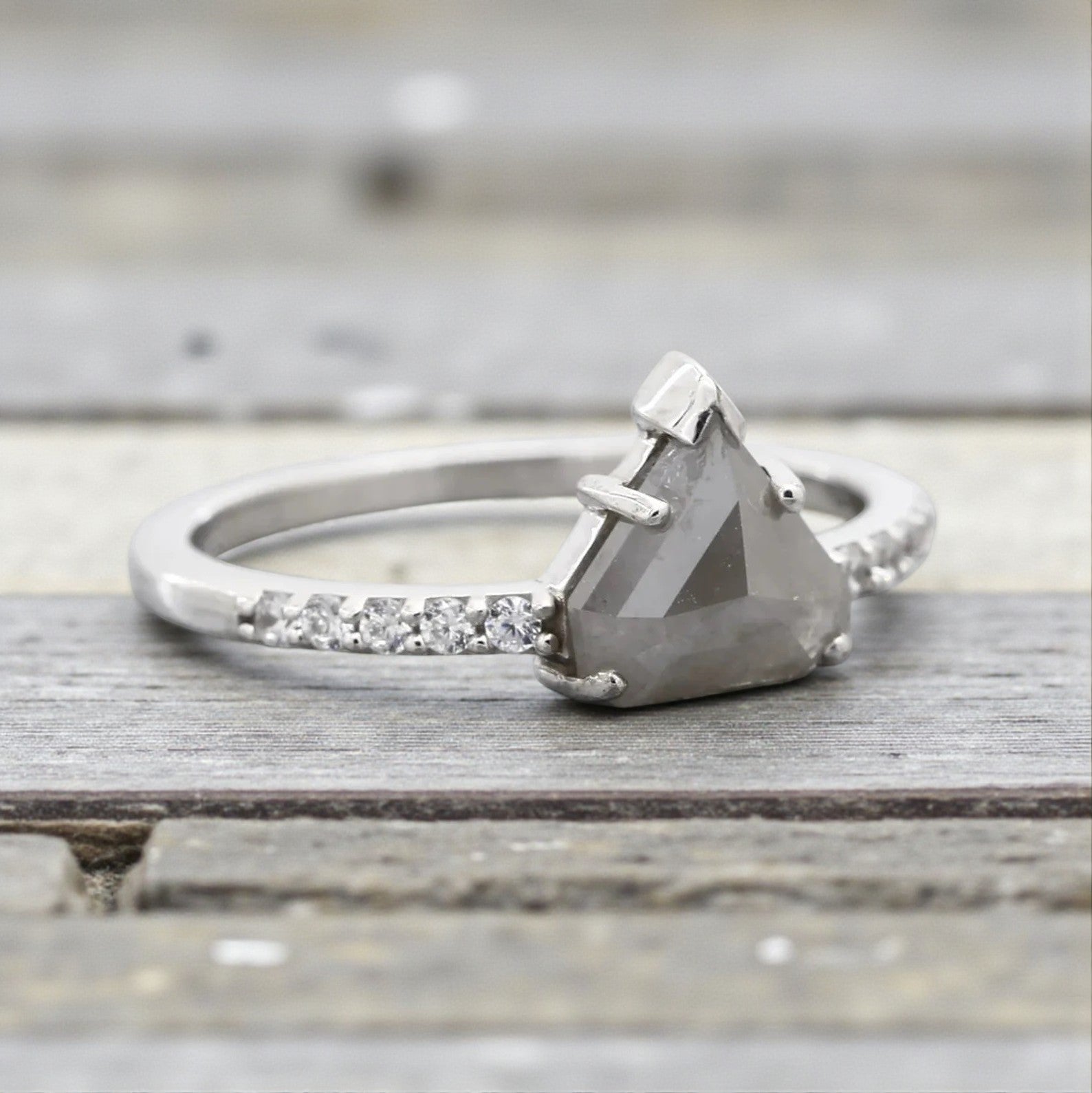 Salt and Pepper Diamond Ring, 14K Gold Engagement Ring, Natural Trillion Gray Diamond Ring, Gift for Her