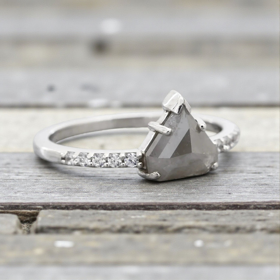 Salt and Pepper Diamond Ring, 14K Gold Engagement Ring, Natural Trillion Gray Diamond Ring, Gift for Her
