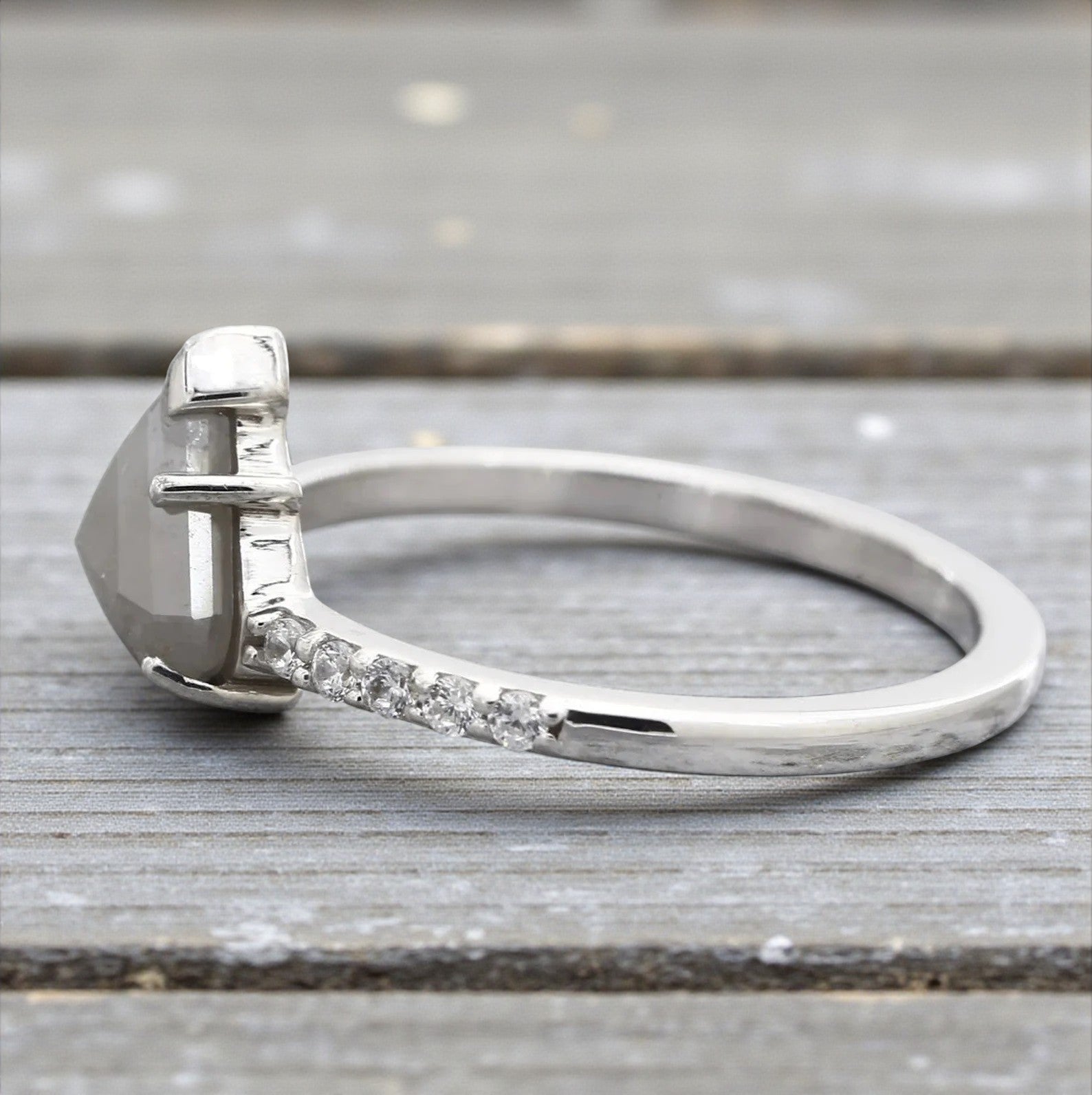 Salt and Pepper Diamond Ring, 14K Gold Engagement Ring, Natural Trillion Gray Diamond Ring, Gift for Her