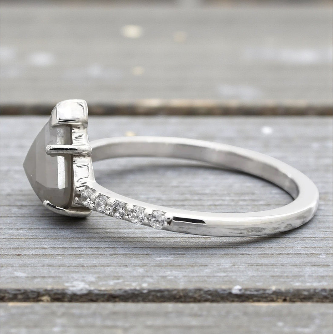 Salt and Pepper Diamond Ring, 14K Gold Engagement Ring, Natural Trillion Gray Diamond Ring, Gift for Her
