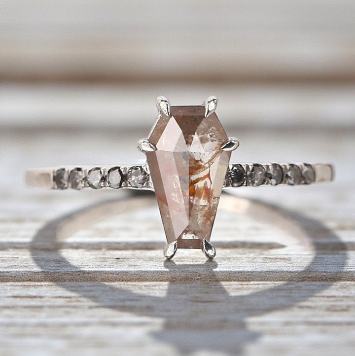Salt and Pepper Diamond Ring, 14K Gold Engagement Ring, Natural Coffin Orange Diamond Ring, Gift for Her
