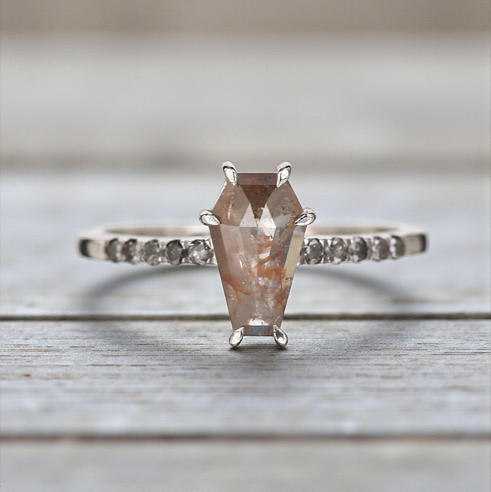 Salt and Pepper Diamond Ring, 14K Gold Engagement Ring, Natural Coffin Orange Diamond Ring, Gift for Her